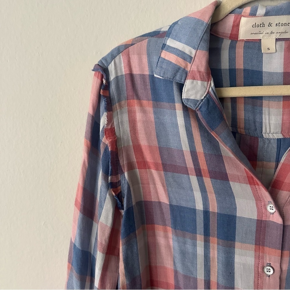 Anthropologie Cloth & Stone Western Frayed Plaid Buttondown Red and Blue Small - Picture 7 of 13